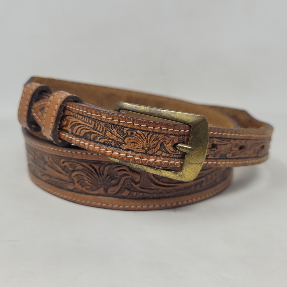 Vintage Tony Lama Belt 36 Brown Leather Floral Tooled Western Cowboy Rodeo